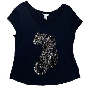 H&M Panther Sequin Graphic T-Shirt Women Large Black Short Sleeve Viscose Scoop